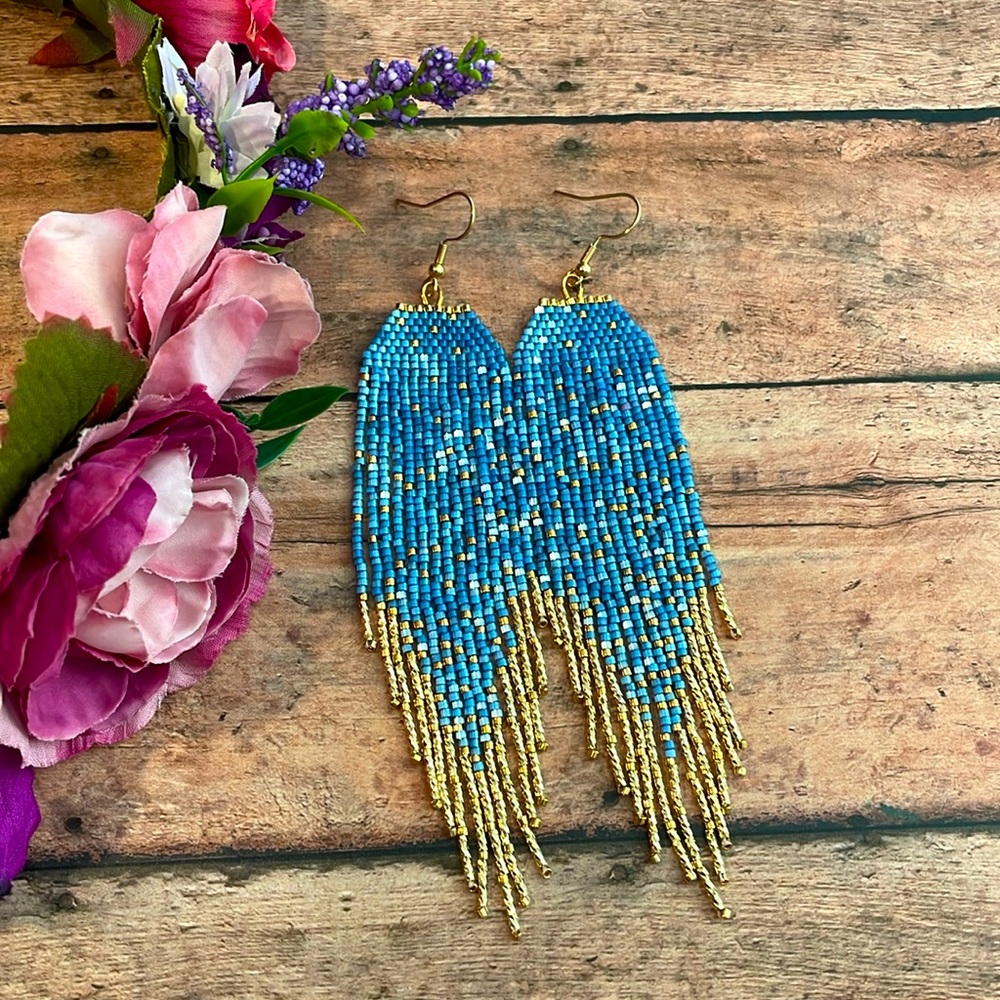 Beautiful blue silky satin gold earring